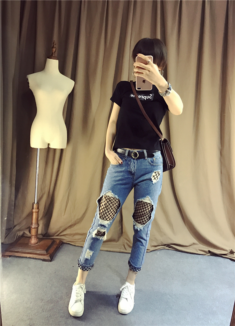 韩版网裤破洞牛仔裤带网洞洞裤女渔网漏洞裤子宽松网纱8分牛仔裤