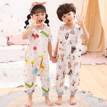 Childrens summer thin cotton gauze conjoined pajamas for boys and girls