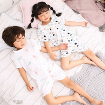 Childrens conjoined pajamas to prevent cold cotton home clothes baby spring and autumn boys and womens summer thin robe bathrobe