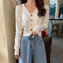 2021 Spring new display slim knit small cardiovert outside the thin style Elegant Wind Heart Machine T-shirt Short V-collar blouse Women