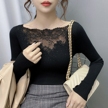  Thin bottoming shirt womens autumn new stitching lace long-sleeved one-piece neck sweater hollow top short sweater