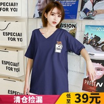 Large size chicken heart V collar short sleeve t-shirt women loose top 2021 new summer soil suitable for fat girl clothes