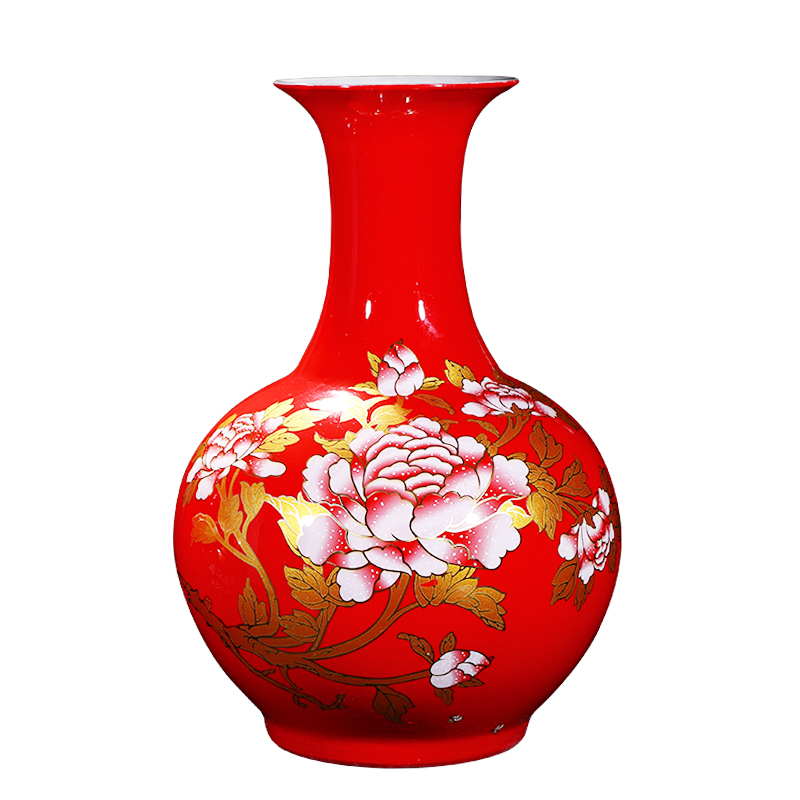 Jingdezhen ceramics China red peony vase landing place, a new Chinese style household decorate gifts large living room