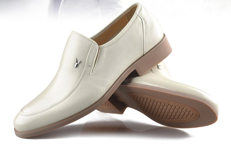playboy/花花公子男鞋米白色皮鞋透气商务休闲真皮浅色皮鞋男单鞋