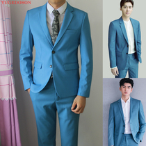 Suit men Korean slim three-piece Trendy wedding handsome casual British feng shui blue mens suit suit