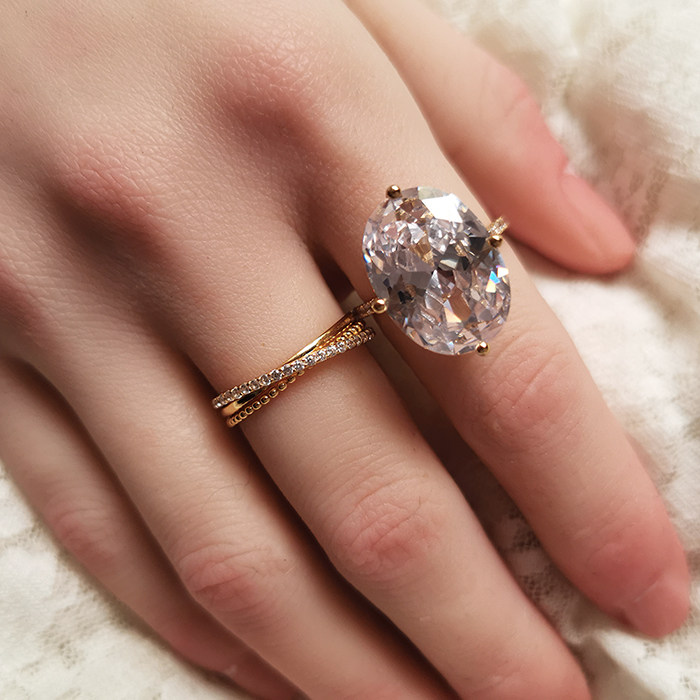 shaw原创设计20克拉925纯银镀18k金超大鸽蛋椭圆钻闪耀锆石戒指女