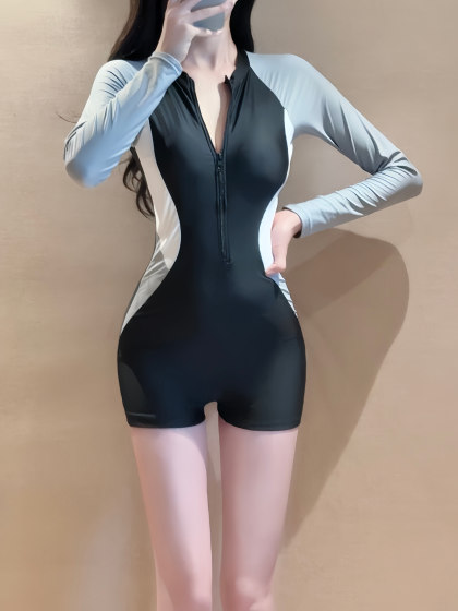긴팔 검은 지퍼 단순한 컬러 블록 스노클링 한 피스 수영복 여성 보수적 인 플랫 각도 학생 스포츠 서핑 바다 긴팔 검은 지퍼 단순한 컬러 블록 스노클링 한 피스 수영복 여성 보수적 인 플랫 각도 학생 스포츠 서핑 바다