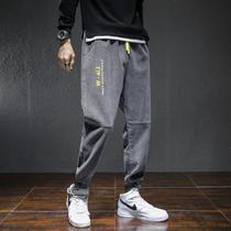 Tide Card Jeans Male Loose Bundle Foot Splicing Pure Color Minima 100 lap tooling casual printed straight cylinder long pants fall