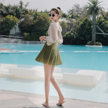 ins Wind conservative conjoined flat corner skirt swimsuit women slim belly covered belly steel support small chest gathering Hot Spring plus size