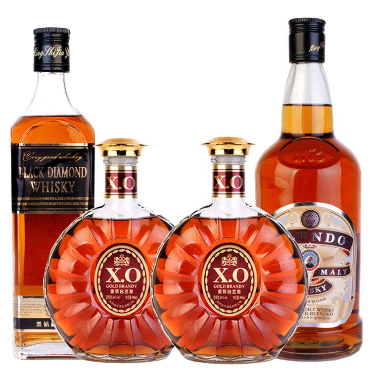 洋酒4瓶 黑钻威士忌 乐弗 布伦多威士忌700ml 白兰地500ml*2瓶