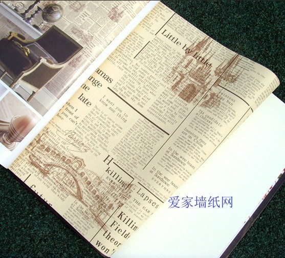 英文旧报纸墙纸 美式复古英伦风怀旧报纸壁纸 做旧浅黄色黑白色_7折