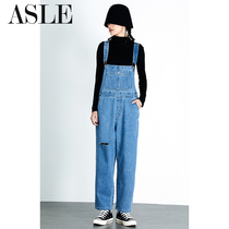 Denim bib pants womens loose straight pants 2021 summer new Korean version of high waist thin wide leg mopping pants tide
