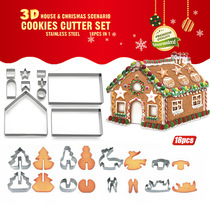 Baking Christmas stainless steel 3D biscuit mold 18-piece biscuit cutting mold mini Christmas house mold