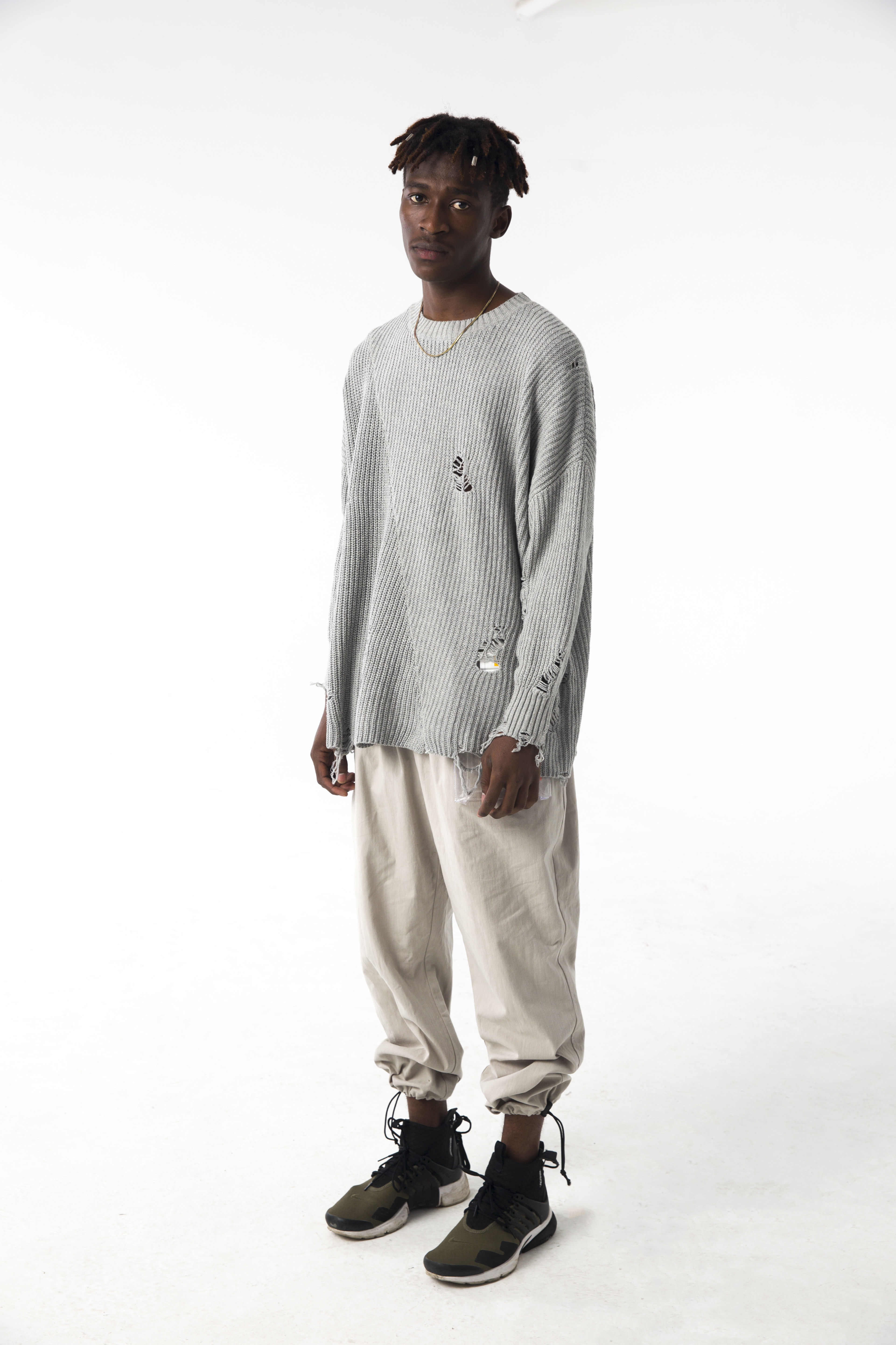 harsh and cruel 17aw 烟灰色破坏落肩oversize拼接针织毛衣秋冬_7折