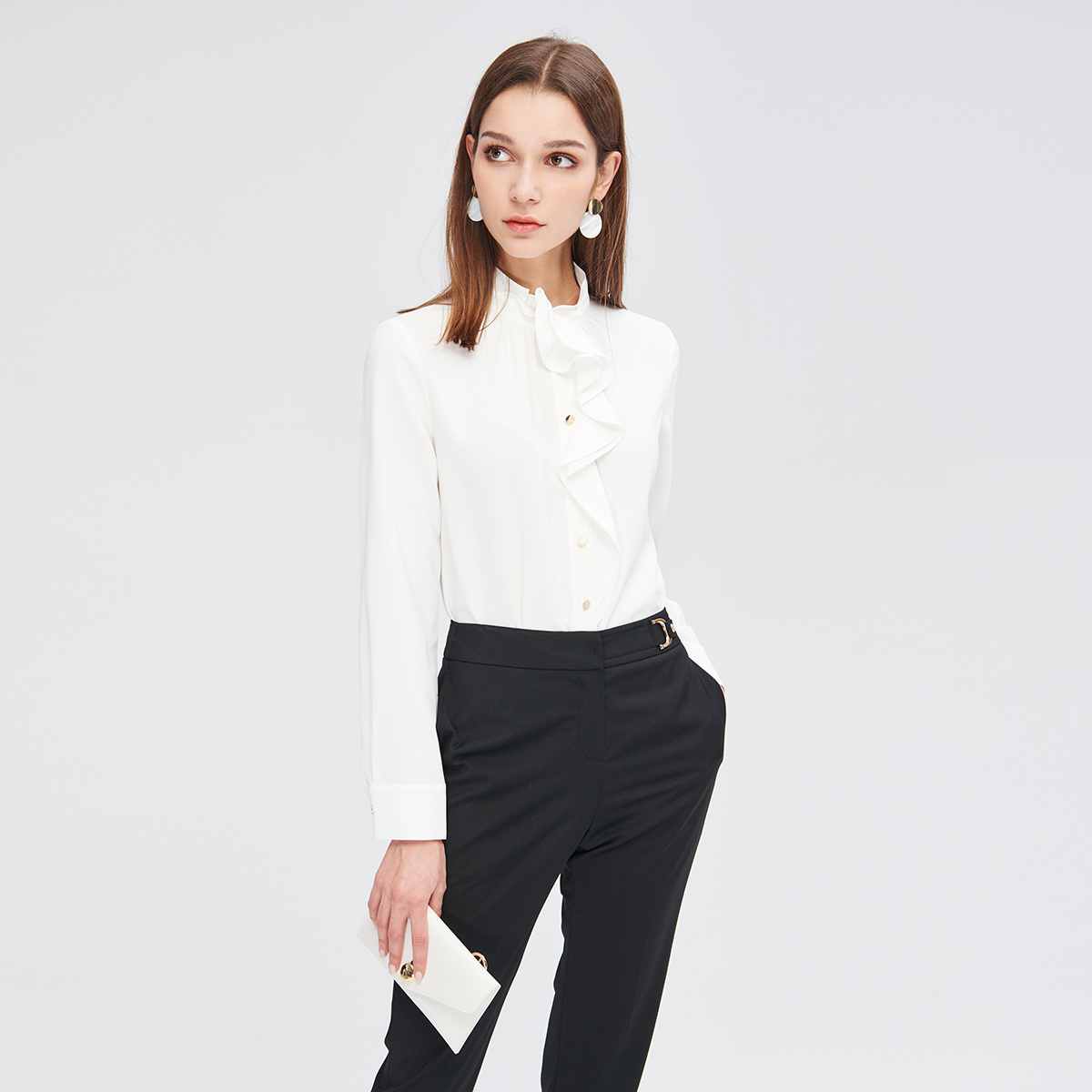 scofield women's 2019 autumn and winter new elegant commuter style stand-up collar lace trim shirt sfba98901l