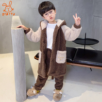 Coral velvet robes childrens autumn suits long boys home clothes pajamas big children flannel home wear winter