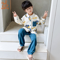 Childrens pajamas male spring and autumn cotton suit fashion stand collar loose cute baby Middle School child home clothing thin summer