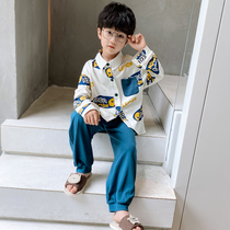 Childrens pajamas boys cotton spring and autumn long sleeve suit fashion small lapel mens treasure middle school cardigan home clothes