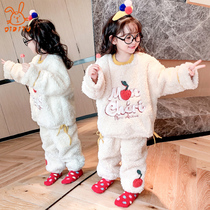 Girls pajamas autumn and winter coral velvet thickened suit sweet little girl flannel warm childrens home clothes