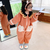 Childrens pajamas autumn and winter conjoined female coral velvet thickened Princess middle-child baby flannel home clothing warm
