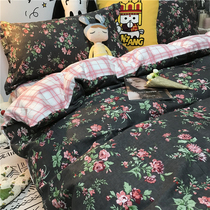 Hipster cotton four-piece American pastoral flower pink plaid cotton quilt cover sheet bed sheet