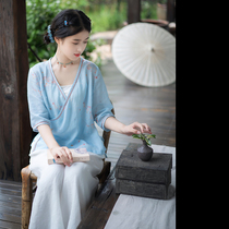 Xiaogong) Tinglan) retro improved Han element Zen hand-collar Ramie tencel printed loose top jacket