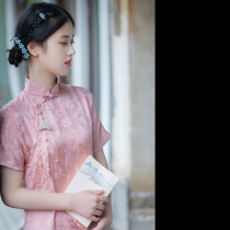 Xiaogong) Hua Mian) Retro Republic of China wind Tencel linen jacquard slim short-sleeved cheongsam dress LY277