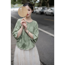 ) Qiushui Yiren) retro Literature and Art Daily young style Republic of China wind round neck big sleeve cheongsam shirt SY333