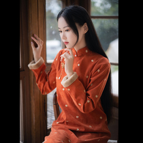 Winter retro Republic of China style Christmas Red corduroy stand-up collar long-sleeved cheongsam dress