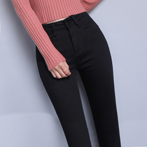 Black jeans womens autumn 2020 new high waist plus velvet elastic tight slim pants eight or nine points