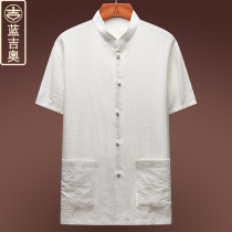 Middle-aged and elderly Tang suit mens short sleeve linen coat Chinese mens tunic suit Grandpa old man clothes Chinese style summer dress