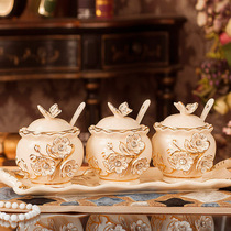 Ceramic seasoning can household set three European four-piece seasoning tank with perforated lid seasoning box salt jar seasoning bottle