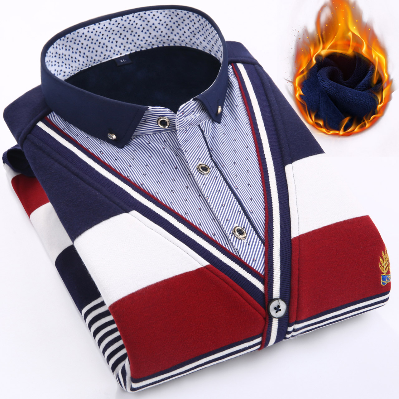 冬季男装保暖衬衫加绒加厚男长袖修身假两件套寸时尚商务保暖衬衣产品展示图1