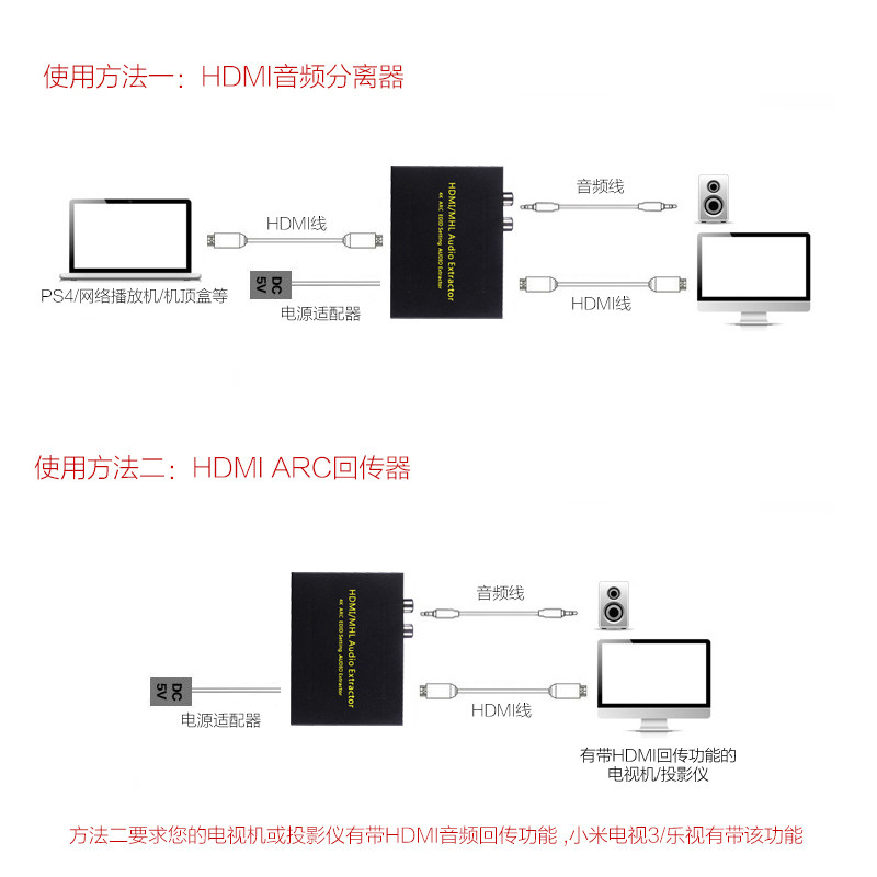 hdmi arc回传器 音频分离4k左右光纤5.1声道 小米乐视电视接音箱