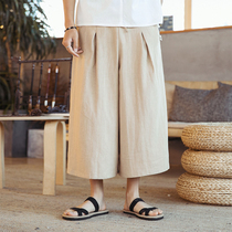Chinese style mens summer linen wide-leg pants mens pants 7 seven-point pants loose cotton and hemp wide-leg eight 8-point pants skirt pants tide