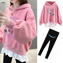 Pregnant womens autumn and winter clothing set fashion plus velvet padded Net Red warm coat womens age reduction spring and autumn two-piece set