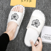 Word slippers mens summer new trend wear mens leather sandals outdoor non-slip wear-resistant household pedal
