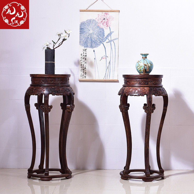 红木家具 老挝红酸枝木家具 实木仿古圆形花几 中式明清落地花架_7折