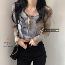 Foreign style fashion suit women Summer base shirt camisole short tie dye long sleeve sweater cardigan two-piece set