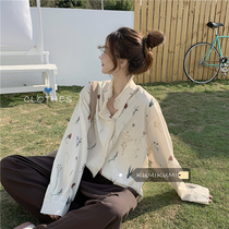 Summer 2021 New printed long sleeve thin shirt female design sense niche shirt Korean version of retro loose top