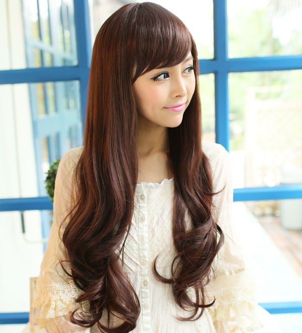 逼真斜刘海假发长微卷直发蓬松斜刘海哑光长卷发 时尚女生大波浪
