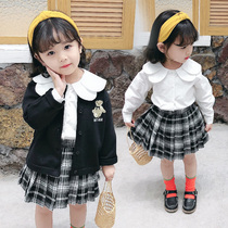 Girls college style suit Spring and autumn school uniform Female baby long sleeve T-shirt pleated short skirt Three-piece set Western style suit skirt