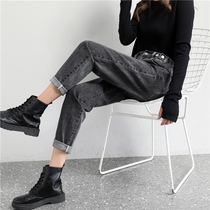 Smoke gray stretch Harlan jeans women 2021 new autumn high waist slim slim slim radish daddy pants