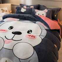 Thickened milk coral velvet bed four-piece set Winter double-sided plus velvet flannel quilt cover winter flannel bed