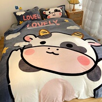 Thickened cartoon milk coral velvet bed four-piece Winter double-sided flannel sheets plus velvet quilt cover three-piece set