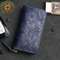 Handmade cowhide key bag mens and womens leather zipper car key bag retro crazy horse leather change card bag keychain