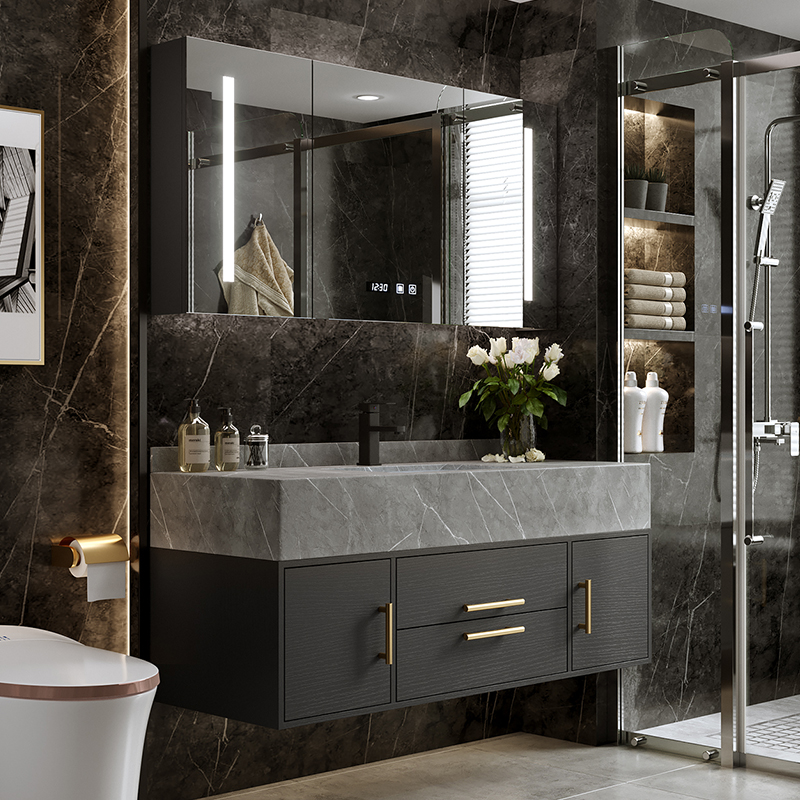 Light luxury rock board bathroom cabinet combination set Bathroom modern hand wash basin Rock one-piece sink mirror cabinet