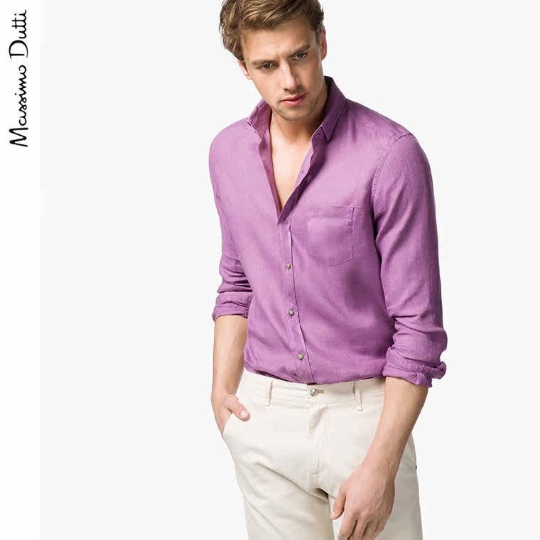 春夏特惠 Massimo Dutti 男装 修身款紫色亚麻衬衫 00123472612