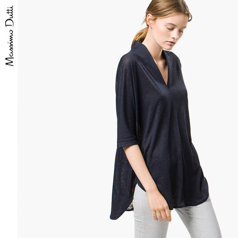 Massimo Dutti 女装 亚麻V 领 T 恤 06807535401