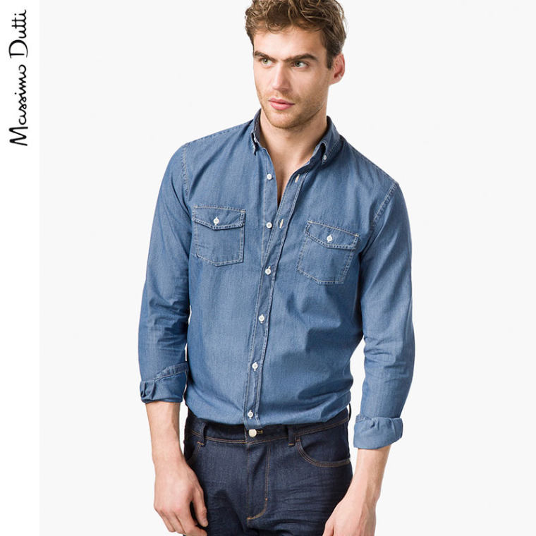 Massimo Dutti 男装 修身款全棉人字斜纹丹宁衬衫 00162333405